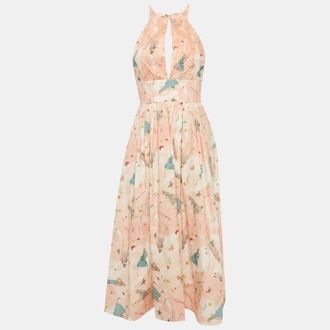 Elisabetta Franchi Pink Printed Cotton Lace Inserts Midi Dress