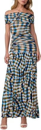 Diane Von F&uuml;rstenberg Cynthia Plaid Off the Shoulder Drop Waist Dress in Picnic Plaid Corfu at Nordstrom, Size X-Small