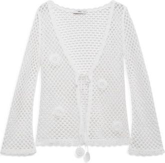Mango Floral Tie Front Cotton Blend Cardigan in White at Nordstrom, Size Medium