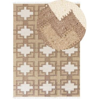 Beliani Tappeto in iuta intrecciata di cotone naturale beige con nappe a motivo geometrico 160 x 230 cm Konturkay