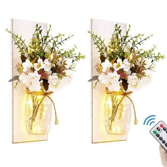 OEM Apliques De Pared R&uacute;sticos Grises Con Tarros Mason Para Decoraci&oacute;n De Interiores, Tarros Mason Decorativos Y Elegantes Con Tira Led, Hortensias De Sed