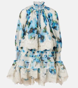 Zimmermann Vestido midi floral de lino y seda con encaje