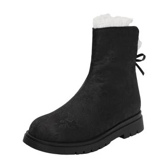 Generic Womens Mid Calf Boots Round Toe Med Thick Heel With Side Zipper And A Delicate Floral Butterfly-Knot Detail