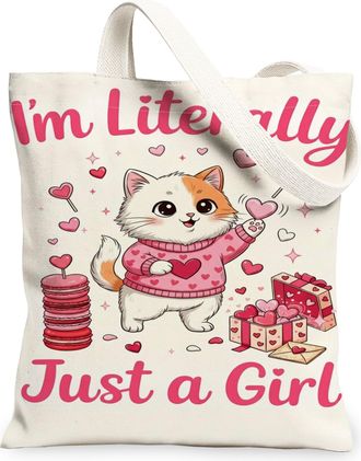 Generic Cute Cat Canvas Tote Bags, Adorable Animal Design Lightweight Washable Shoulder Strap Reusable Grocery Bags for ValentineS, White, 13x15 Inch