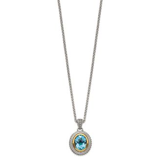 Diamond2Deal Sterling Silver with 14K Accent Oval Light Swiss Blue Topaz Pendant Necklace