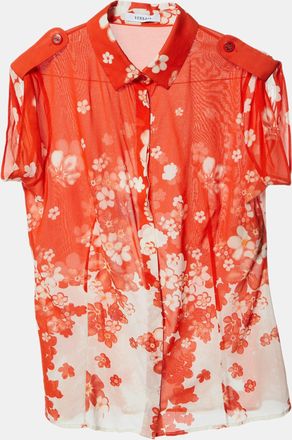 Versace Orange Floral Print Silk Crepe Button Front Blouse