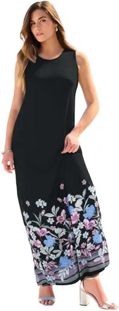 Roaman's Plus Size Sleeveless Crew Neck Maxi Dress in Black Blue Border at Nordstrom, Size 44
