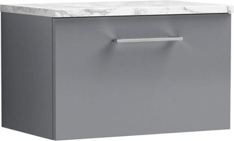Nuie Arno Wall Hung 1-Drawer Vanity Unit with Carrera Marble Worktop 600mm Wide - Satin Grey - Nuie