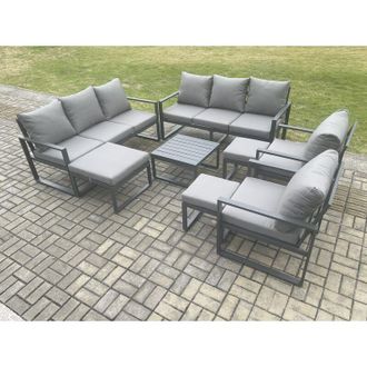 Fimous Fimous Aluminium Outdoor Garden Furniture Set Patio Lounge Sofa with Square Coffee Table 2 Armchairs 3 Footstools Dark Grey