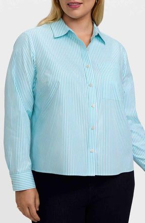 Foxcroft Jodie Stripe Cotton Button-Up Blouse in Capri/White at Nordstrom, Size 2X