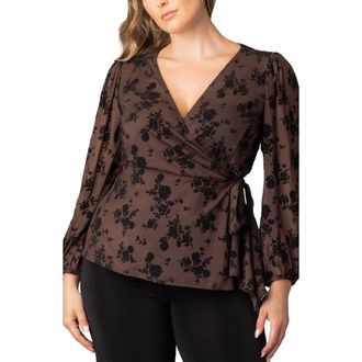 Kiyonna Alissa Print Wrap Top in Sable Flocked Florals at Nordstrom, Size 5X