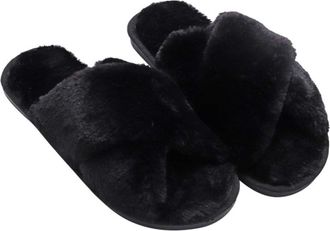 Generic Women Fuzzy Slippers Womens Sliders Plush Cross Band Open Toe Cozy Slippers House Fluffy Slippers Cross Band Slippers for Women Girls Ladies, Black, S