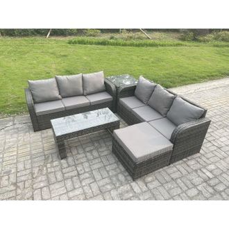 Fimous Outdoor Lounge Sofa Set Rattan Garden Furniture Set with Rectangular Coffee Table Big Footstool 3 Seater Sofa Side Table Dark Grey Mixed - Fimous