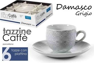 Trade Shop Juego 6pcs Tazas Caf&eacute; Platillo Cl&aacute;sico Moderno Damasco Gris Porcelana 720383