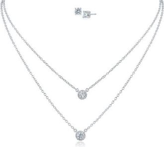 Kenneth Jay Lane Round Cubic Zirconia Solitaire Multistrand Pendant Necklace & Stud Earrings Set in Rhodium Plated Brass at Nordstrom