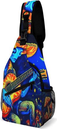 Generic Psychedelic Aliens Playing Guitar In Moon Mens Shoulder Bags Sling Crossbody Backpack Travel Hiking Chest Bag with Small Side 38x20cm
