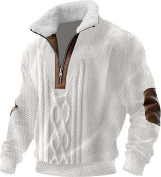 Generic Men Quarter Zip Pullover Tops Fleece Sweatshirts with Elbow Patch 1/4 Zipper Sweaters Faux Fur Lined Collared Clothes Ropa Deportiva para Hombre(White