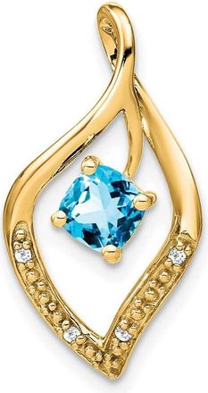 Diamond2Deal 14k Yellow Gold 5mm Cushion Blue Topaz and Diamond Leaf Chain Slide