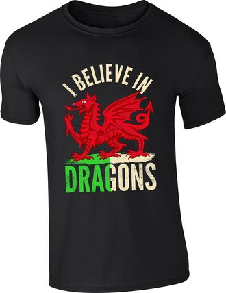 Generic St. Davids Day T-Shirt Wales Festival I Believe in Dragons Wales Dragon Emblem Unisex Gift Tee Top (Black, XL)
