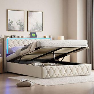 OEM Li T 160x200 Cm - 2ytt03 - Led Regulable - Usb - Hidr&aacute;ulico - Marco De Cama Con Almacenamiento 160x200 Cm - Terciopelo - Beige