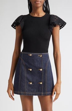 Ulla Johnson Edith Mixed Media Ruffle Sleeve Top in Noir at Nordstrom Rack, Size X-Large