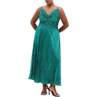 City Chic Kamila Pliss&eacute; Metallic Sleeveless Maxi Dress in Emerald at Nordstrom, Size Xxxs