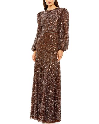 Mac Duggal High Neck Bishop Sleeve Beaded A Line Gown