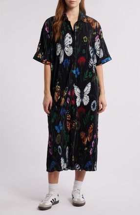 Dressed in Lala So Far So Good Print Pliss&eacute; Satin Shirtdress in Folklore at Nordstrom, Size Xx-Large