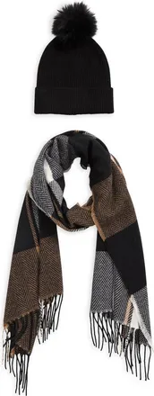Vince Camuto Plaid Wrap Scarf & Faux Fur Pompom Beanie Set in Black at Nordstrom Rack