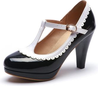 Generic Womens Glossy Patent Leather T-Strap Heels with Two-Tone Color, for Office, Party and Daily Wear,Black,1.5 UK