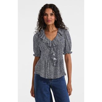 Lands End Puff Sleeve Slub Ruffle Pintuck Top in Navy Ditsy Floral at Nordstrom, Size X-Small