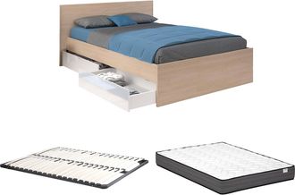 Vente-Unique Cama con 2 cajones 140 x 190 cm - Natural y blanco brillante + Somier + Colch&oacute;n - VELONA