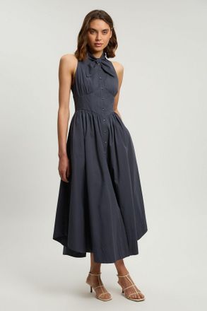 Karen Millen Womens Cotton Poplin Tie Neck Midi Dress - Navy - Size 18 UK