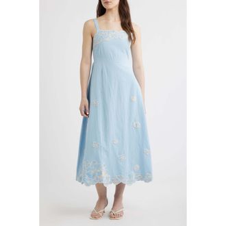 Cleobella Placed Floral Embroidery Cotton & Linen Chambray Sundress in Glacier Lake at Nordstrom, Size X-Large