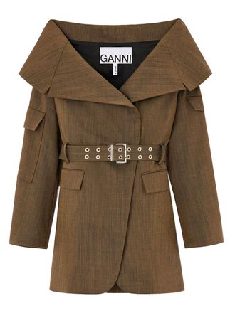 Ganni Light Wool Melange Open Collar Blazer