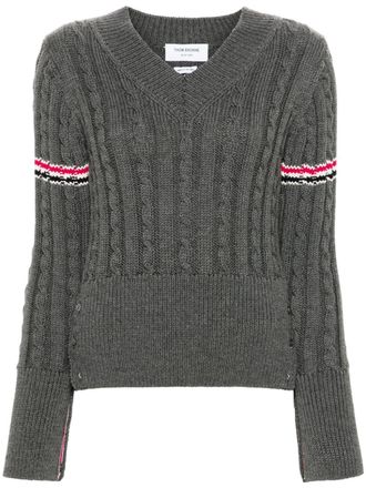 Thom Browne RWB-stripe cable-knit jumper - women - Virgin Wool - 44 - Grey