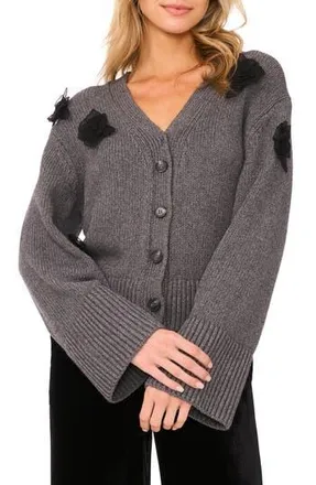 Ted Baker Mesh Floral Appliqu&eacute; Cardigan in Medium Heather Grey at Nordstrom Rack, Size X-Large
