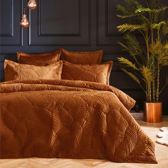 Riva Paoletti Palmeria Quilted Velvet Duvet Cover Set - Rust - Size Super King