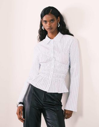 Princess Polly Liesel - Camicia blu a righe con arricciatura e maniche a campana