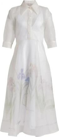 Alberta Ferretti Organza Jurk met Bloemendruk Midi - Dames - Shirt Kleedjes - Wit - L - Organza - Kleedjes