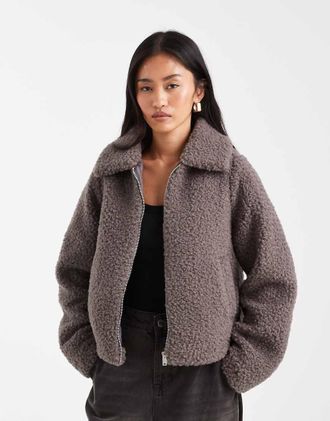 Threadbare Giacca corta in pile borg grigia-Grigio