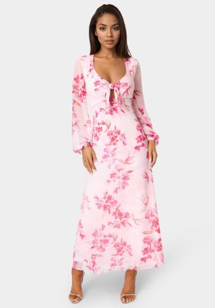 Bebe Womens Printed Chiffon Tie Front Maxi Dress