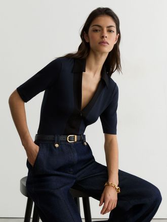 Reiss Navy & black Jersey Colour-block Half-zip Polo Top, 16