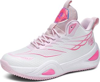 Generic Mens Basketball Shoes High Top Anti Slip Shock-Absorbing Running Fashionable Durable Training Boots Walking Shoes(White-Pink,5.5 UK)