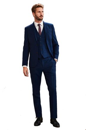 Generic Mens Navy Blue 3 Piece Suit, Slim Fit, Wool Blend, Jacket Trousers Waistcoat Set, Business Formal Wedding Casual Work (UK, Numeric, 44, Regular, Regul
