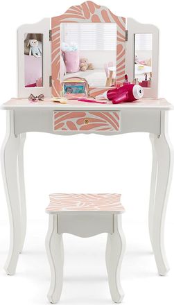 Costway Costway - Tocador De Maquillaje Ni&ntilde;a Con Taburete, 2 En 1 Tocador Infantil De Madera Con Espejo Tr&iacute;ptico Extra&iacute;ble Y Caj&oacute;n, Juego De Mesa De Princesa 
