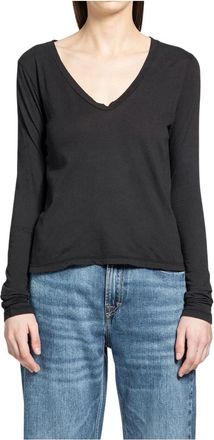 James Perse Deep V Long Sleeve Tee - Dames - Longsleeves - Zwart - XS - Katoen - Tops