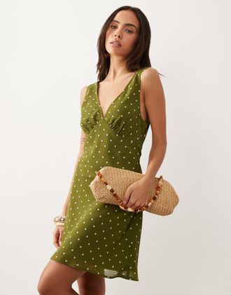 Gina Tricot Gina Tricot - Vestito corto a pois verdi e bianchi con scollo a V-Verde