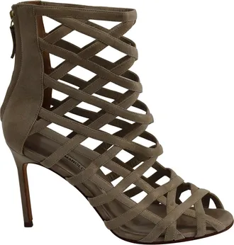 Manolo Blahnik Vagibu Cage Ankle High Heel Sandals in Khaki Suede