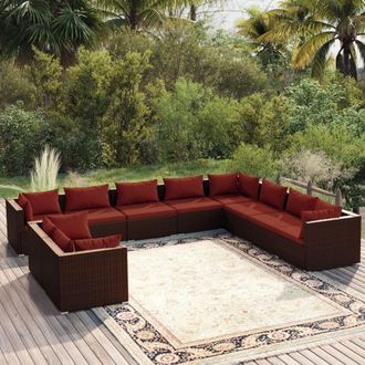 vidaXL Set Muebles De Jard&iacute;n 10 Pzas Y Cojines Rat&aacute;n Sint&eacute;tico Marr&oacute;n Vidaxl